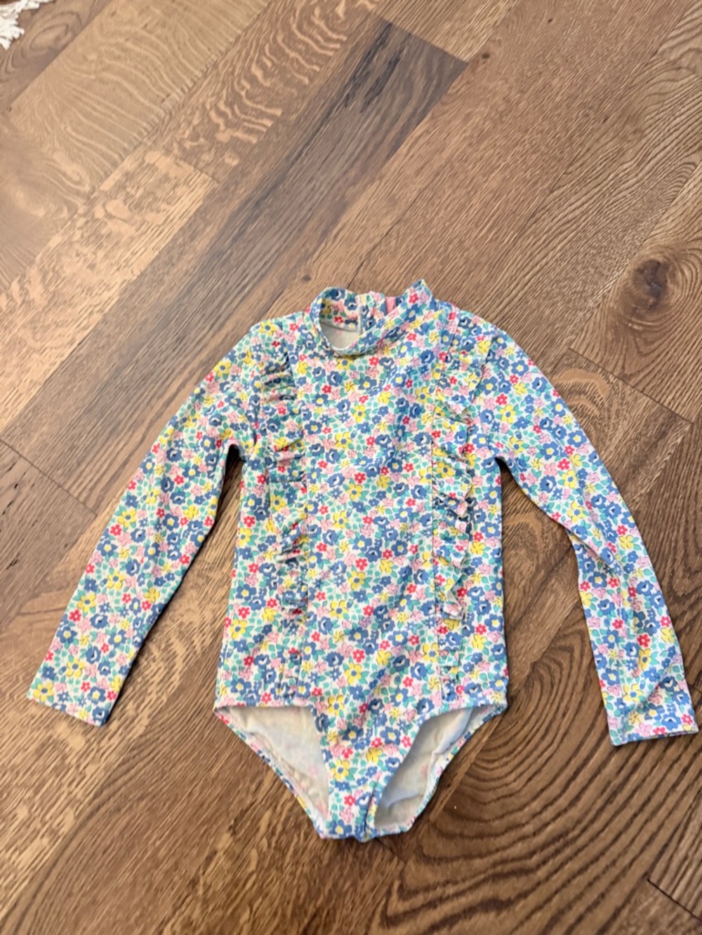 Mini Boden Long-Sleeve Floral Ruffle One-Piece Swimsuit - Multicolor